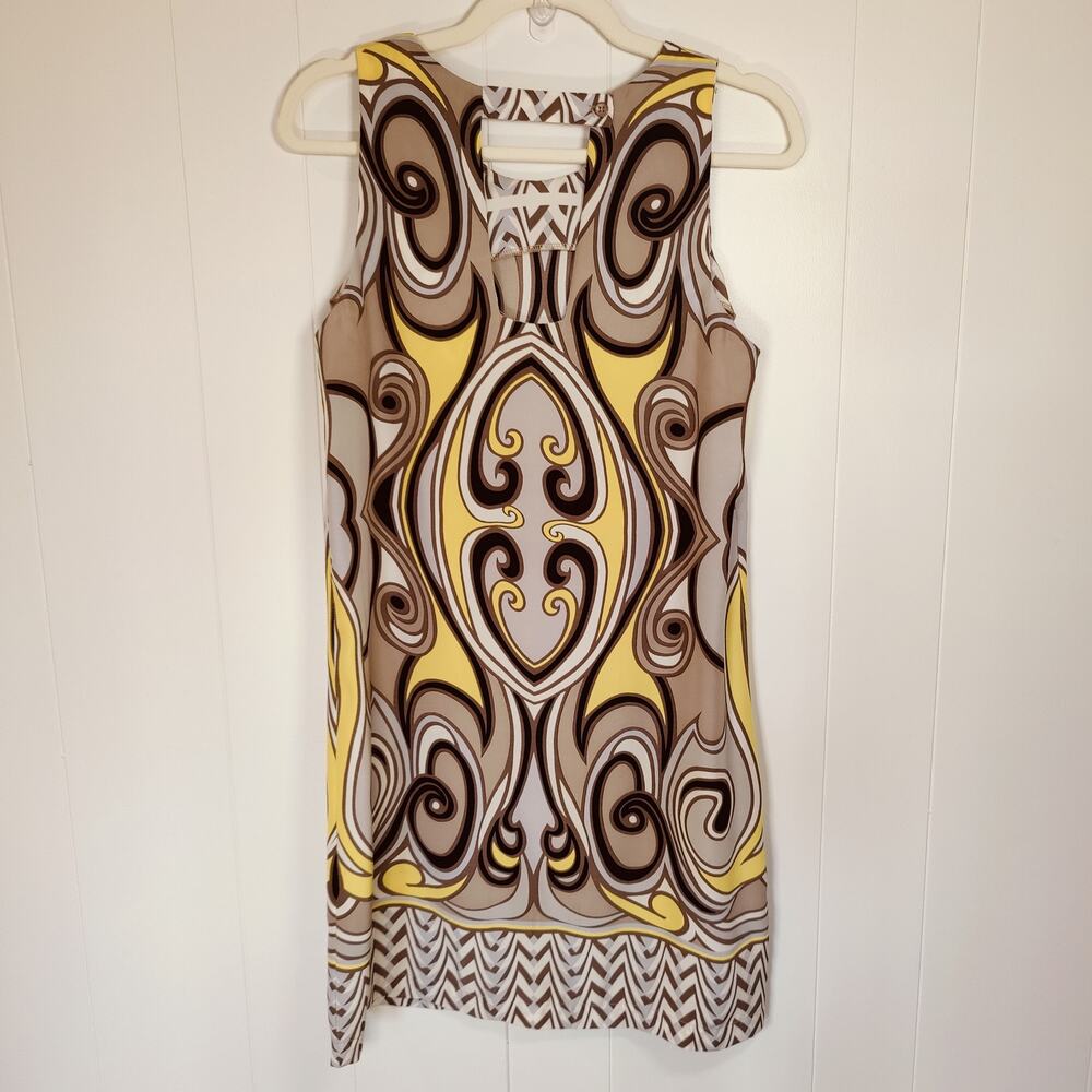 NELL 100% Silk Shift Dress Yellow Black Gray White Sleeveless Mod Chic 6 S